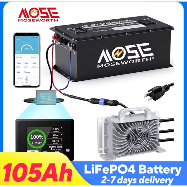 MOSEWORTH 72V 105Ah Golfwagen-Batterie Bluetooth LiFePO4-Akku mit Touch-Monitor & APP 20000 Tiefzyklus-Ladungen 200A MBS