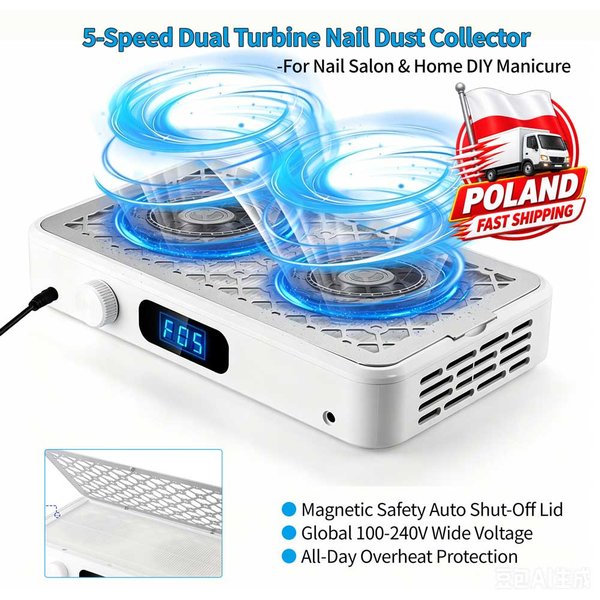 Aspirateur de poussière pour ongles professionnel sans balais avec double ventilateur turbo, aspiration à 5 niveaux, aspirateur de poussière pour ongles à deux mains, ventilateurs pour table de