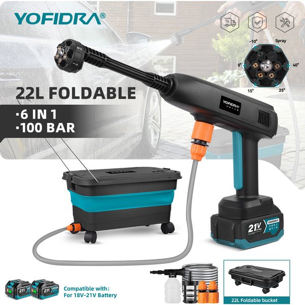 YOFIDRA 100Bar Hochdruck Auto Waschmaschine Pistole 22L Wasser Tank Tragbare Reiniger Werkzeug Garten Spritzpistole Für Makita 18V batterie Pin