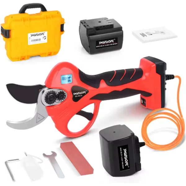 SWANSOFT Elektrische Gartenschere (Modell 8616) – 4Ah & 2,6Ah Akkus, 36mm Schnittkapazität, bürstenloser Motor und Display; für Garten, Obstgärten und Weinberge.