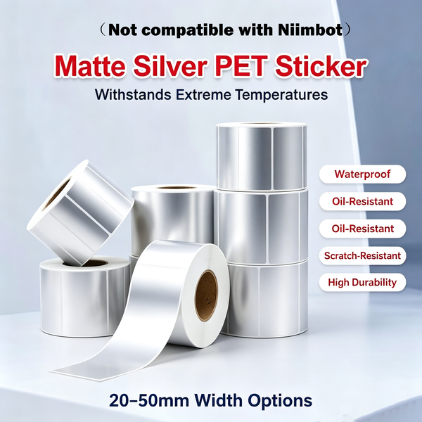 30-50mm Matt Silbernes Thermisches Aufkleberpapier Rolle Bedruckbare Selbstklebende Etiketten PET Silber Transfer Barcode-Etikett M110