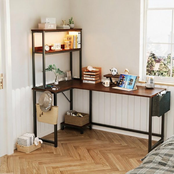 L Shaped Gaming Desk with LED Lights and Power Outlets Monitor Stand Storage Bag CPU Stand Reversible L Shaped Computer Desk Corner Gaming Table for Home Office Study Rustic