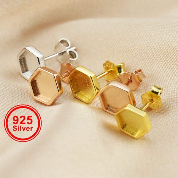 Boucles d'oreilles hexagonales vierges en résine pour lait maternel, plaqué or rose, en argent sterling 925 massif, référence 1706081