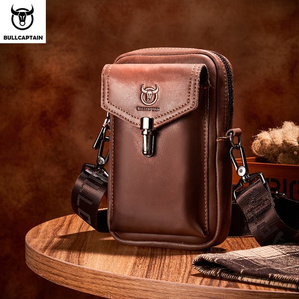 BULLCAPTAIN Crazy Horse Leder Herren Hüfttaschen Multifunktionale 7-Zoll-Handytasche Tasche Männliche Schulter Messenger Bages Braun