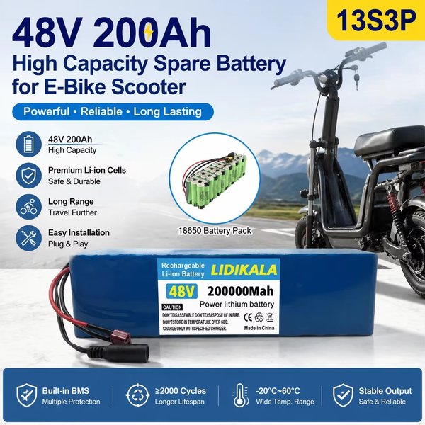 48V 200Ah 13S3P Lithium-Akku mit großer Kapazität, geeignet als Ersatzteil für Elektrofahrrad-Akkus, mit BMS-Schutz, Plug-and-Play