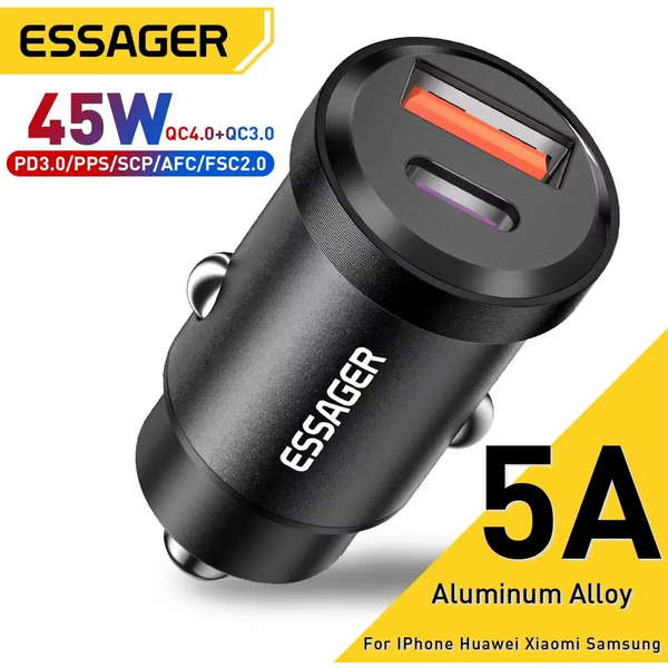 Essager – chargeur de voiture USB type-c 45W QC 4.0 PD 3.0 SCP 5A, charge rapide pour iPhone 14 13 Pro, Huawei Xiaomi Samsung S22 Ultra