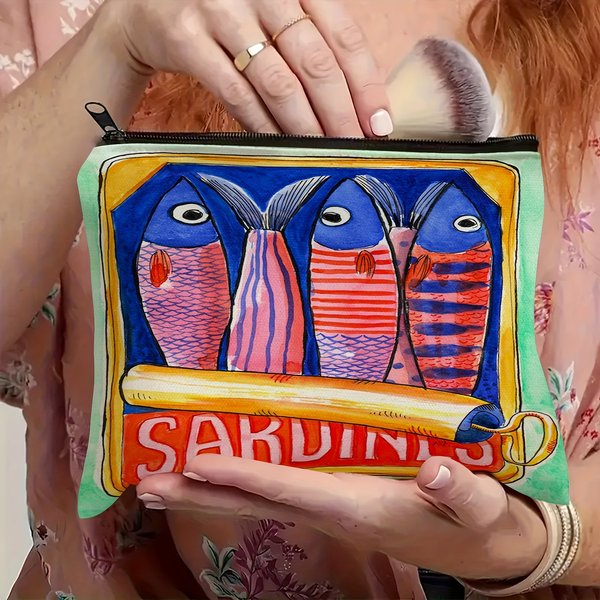 Unisex Adult Cosmetic Pouch, Hypoallergenic Mini Makeup Bag, Trendy Sardines Print Zippered Toiletry Case, Polyester Accessory