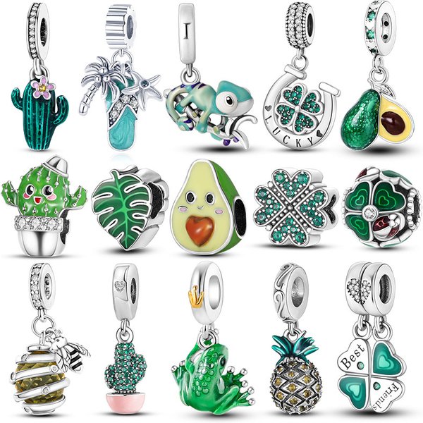 Breloques plaquées argent pour femmes, Cactus vert d'été, perles d'avocat, adaptées au Bracelet Original, collier, breloques pendantes à faire soi-même