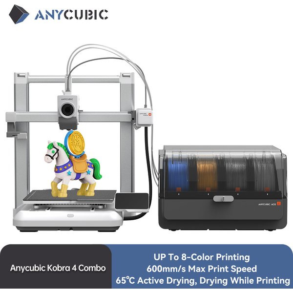 ANYCUBIC Kobra 4 Combo 600mm/s Schnelldruckender Mehrfarben-3D-Drucker Bis zu 8 Farben ACE 2 Pro Filament-Trocknungs-App-Steuerung FDM 3D-Drucker