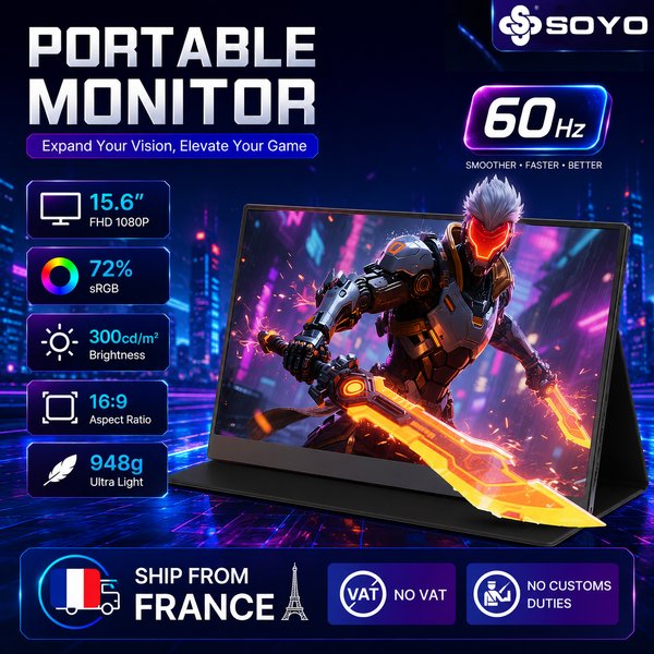 SOYO Portable Monitor SY15FN60 15.6 ''FHD 1080P Ultra-Slim Portable Laptop Monitor with Case IPS Display for Phone Xbox PS5-USB C & HDMI