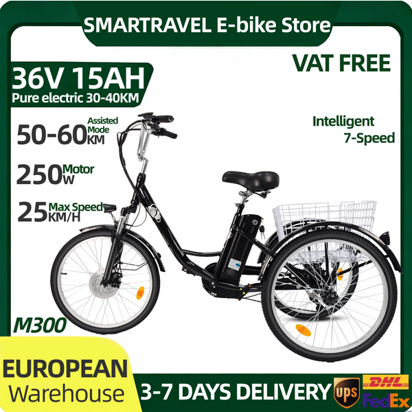 SMARTRAVEL M300 36V 15AH Elektro-Dreirad 24*2125 Zoll Reifen 7-Gang Elektrofahrrad Leichter Aluminiumlegierungsrahmen Erwachsenen-Assistenzmodus Reichweite 50-60KM Mountainbike 250W Dual-Motor