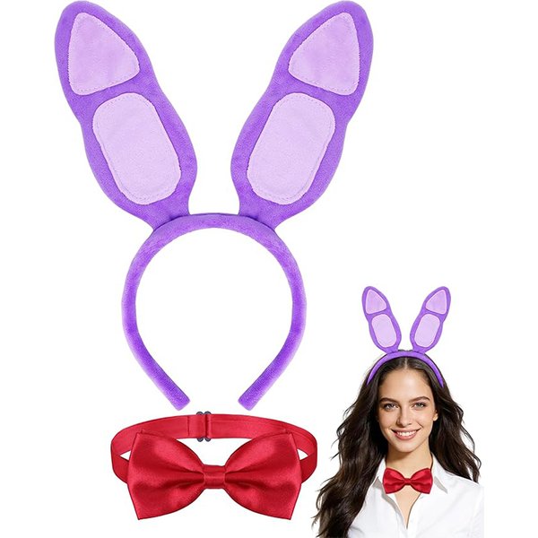 Accessoires de costume FNAF Freddy Bonnie Purple Bunny, bandeau oreilles de lapin avec nœud papillon rouge pour femmes et hommes, fête d'Halloween, cosplay