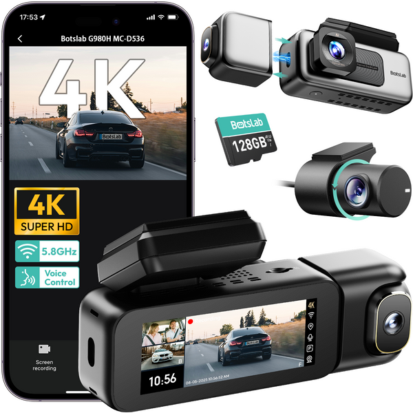 Botslab G980H-3-Channel 4K Dashcam,Voice Control Front and Rear Inside Dash Cam Loop Recording,GPS,Night Vision,Parking Mode