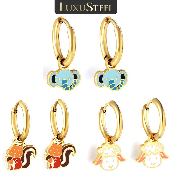 LUXUSTEEL 2022 New Elephant Goat Squirrel Hoop Earrings For Little Girl Kids Stainless Steel Cartoon Ear Jewelry Christmas Gifts