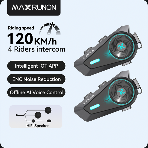 MAXRUNON D10 Motorrad-Bluetooth-Intercom für 4 Fahrer, Gruppenkommunikation, APP, KI-Sprachsteuerung, ENC-Geräuschunterdrückung, IPX7, FM, BT5.4