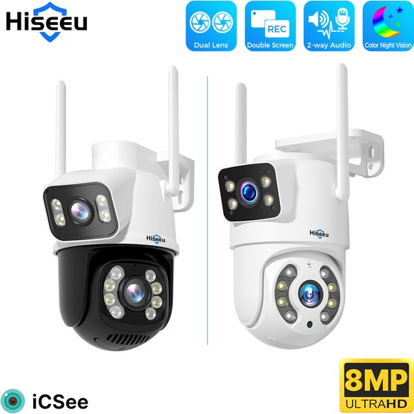 Caméra intelligente Wifi Hiseeu 4K 8MP, double objectif, zoom numérique 4X, détection humaine par IA, caméra IP PTZ de sécurité extérieure sans fil