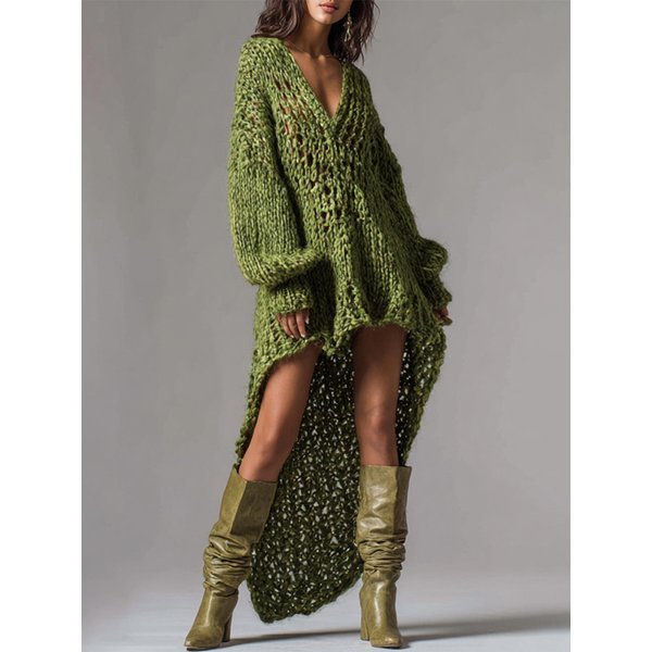 Geripptes Strickkleid mit V-Ausschnitt, ausgehöhlt, locker sitzender Minirock, asymmetrischer Saum, Street-Style, sexy, trendige Damenmode, Partykleider