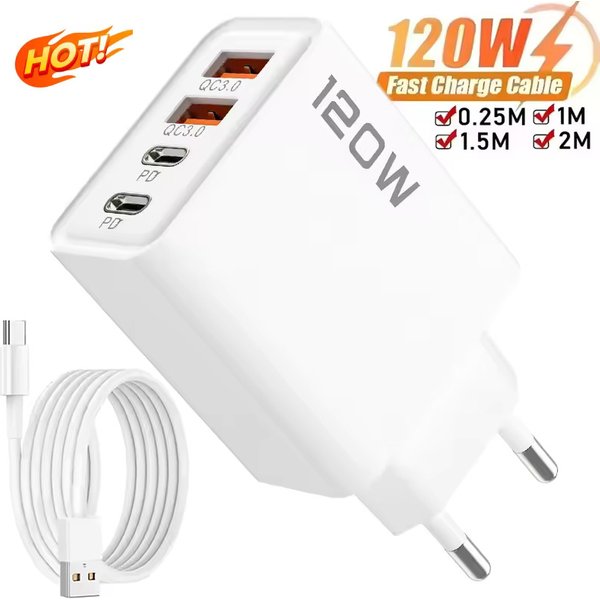4 Port 120W USB C Fast Charger Station PD QC3.0 Wall Adapter Data Cable For iPhone Samsung Xiaomi Huawei EU US UK Plug Travel