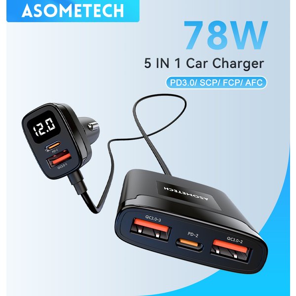 ASOMETECH 5 Port USB Car Charger 78W SCP PPS AFC USB Type C Fast Charging For iPhone 14 13 Pro Huawei Xiaomi Samsung S22 Ultra