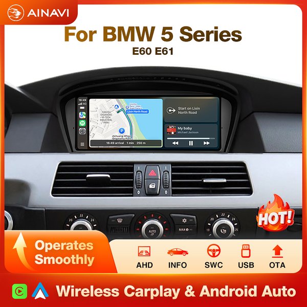 AINAVI CarPlay sans fil Android Auto pour BMW Série 3 E90 E91 E92 E93 Série 5 E60 E61 E62 E63 Système CCC CIC Écran tactile 9,3 pouces Lecteur multimédia Linux Autoradio Infodivertissement Stéréo