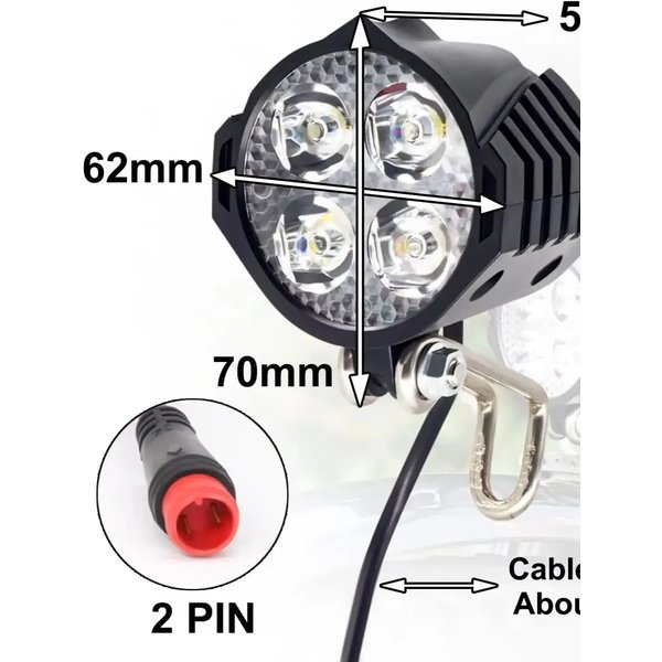 Wodoodporna elektryczna lampka przednia LED do roweru 36V 48V, ostrzegawcza lampka bezpieczeństwa z 2-pinowym złączem męskim do jazdy na e-bike'u.