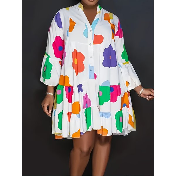 Plus Größe 2023 Herbst Neue Floral Bedruckte Damenkleider, Lässige Lose Knopf Mode Streetwear Polyester V-ausschnitt Plissee Kleider