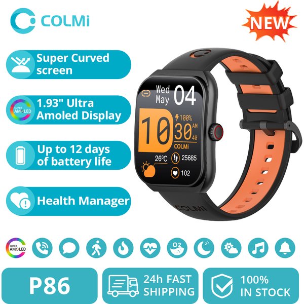 Nowy COLMI P86 1.93" AMOLED Smartwatch Męski Monitor Zdrowia Połączenia Bluetooth IP68 Wodoodporny Smartwatch Damski Dla Telefonów Xiaomi iOS