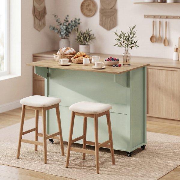 Homcom Kitchen Island with Wheels and Folding Top Light Green
