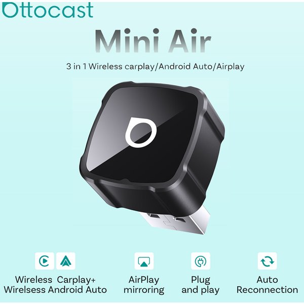 OTTOCAST MINI AIR Cube 4.0 Bezprzewodowy Adapter CarPlay Android Auto 3 w 1 do Klonowania Ekranu, Akcesoria Samochodowe do Youtube i Tiktok
