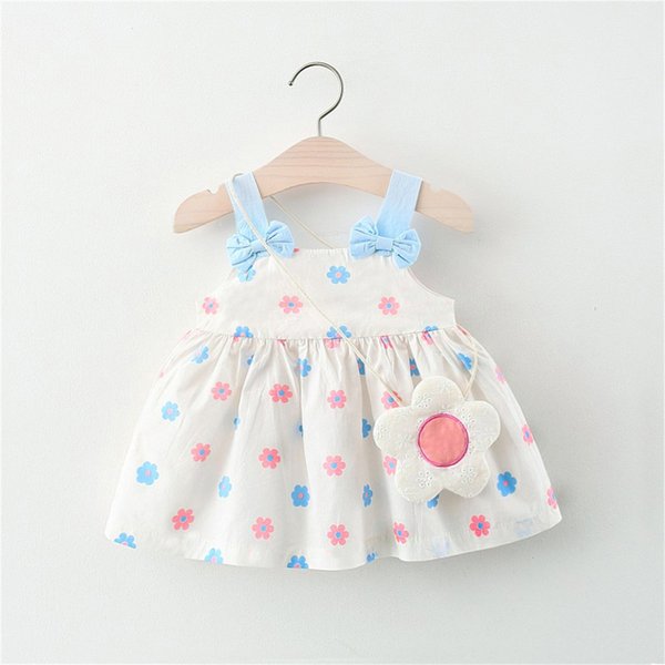 Summer Girls' Dress New 2 Pieces/Set Free Cute Bag Fresh Flower Bow Strap Daily Knee Length Cotton Comfortable Dress