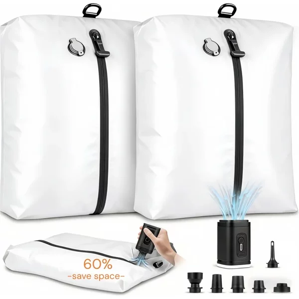Sacs de rangement sous vide de voyage avec pompe à air, sacs de compression professionnels réutilisables pour bagages, permettent de gagner 60 % d'espace, emballage de rangement (blanc)