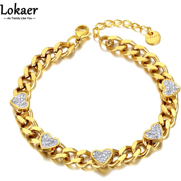 Lokaer Titanium Stainless Steel Chain Link Bracelets Trendy 18K Gold Plated Rhinestone Heart Charm Bracelet For Women B22004