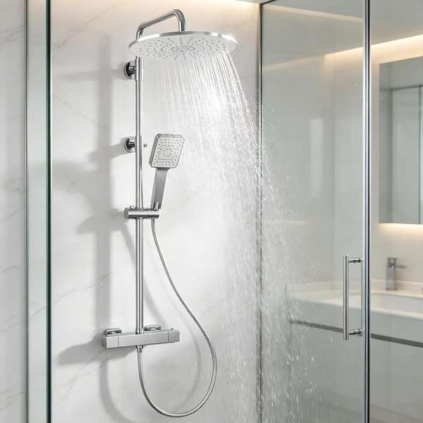 Thermostatic Shower Mixer Set, 25cm Square Rainfall Head + 3-Spray Handheld, Adjustable Riser Rail, 38°C Safety Lock Anti-Scald Brass Valve, Swivel Bath Spout, Exposed Bar System