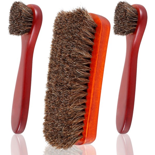 3Pcs Horsehair Shoes Brush Kit with Wood Long Handle Real Horse Hair Soft Polishing Tool for Leather Shoes Suede Polish Care
