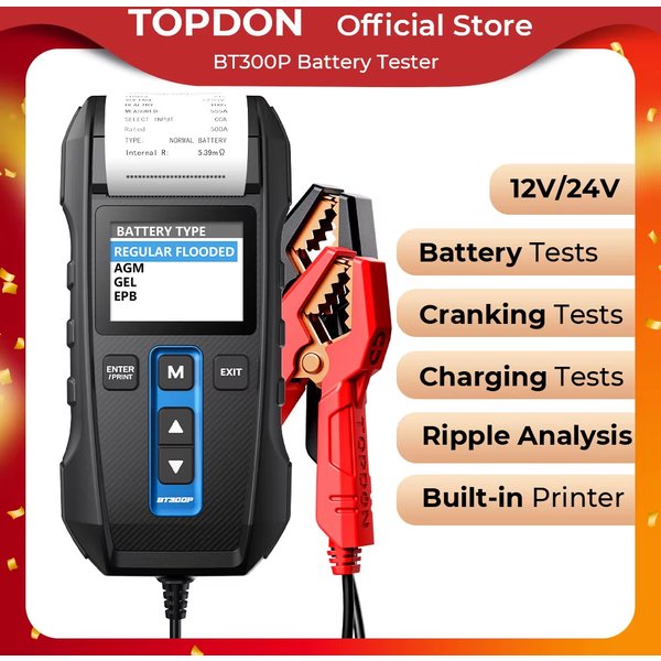 TOPDON BT300P Batterietester mit Druckfunktion 12V Digitales Lade- und Starttestgerät für Auto-Analyse Fahrzeugdiagnose 100-2000CCA