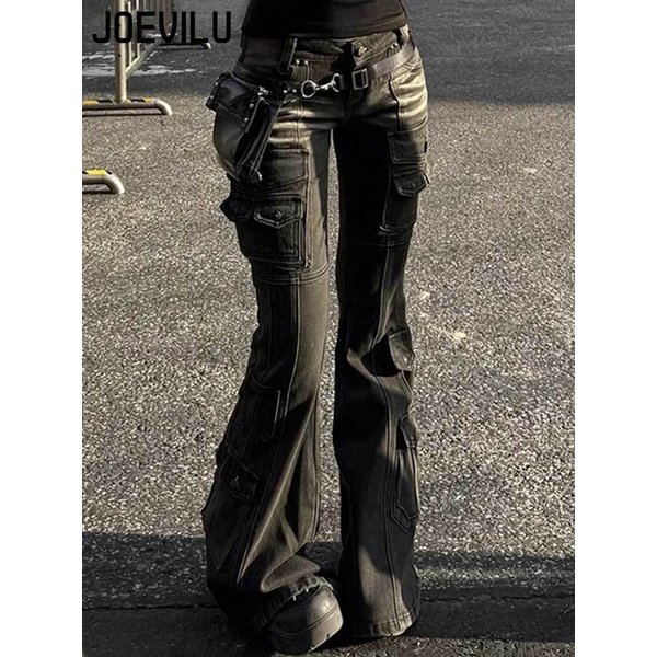 Damen-Cargo-Jeans mit niedriger Taille, schwarz gewaschen, 2000er-Jahre, Y2K-Retro, Distressed Whiskers, Multi-Pocket-Bootcut-Micro-Flare-Hose, Grunge, Neu