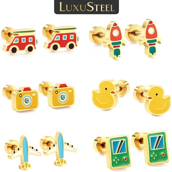 LUXUSTEEL Cartoon Children's Earrings Colorful Car Aircraft Rocket Camera Duck Stud Earring Stainless Steel Jewelry For Kids