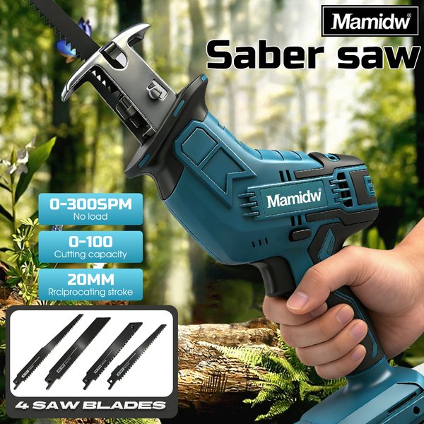 Mamidw Akku-Säbelsäge, bürstenlos, kompakt, einhändig bedienbar, mit 4 Sägeblättern, tragbare kleine elektrische Holzsäge für den Außeneinsatz (nur Werkzeug), kompatibel mit Makita 18V Akku.