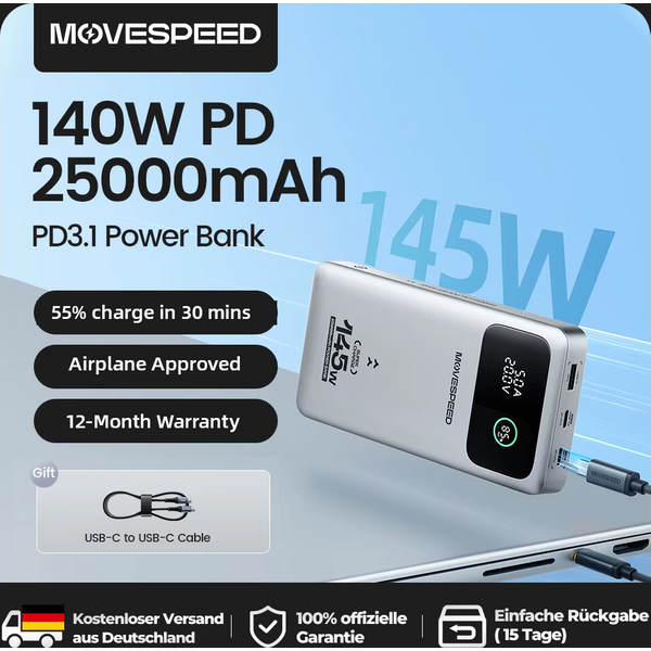【CCC】MOVESPEED M25 Pro Power Bank 140W USB C Charge rapide 25000mAh Batterie externe Powerbank pour iPhone MacBook Lenovo Laptop