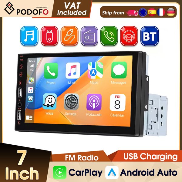 Podofo 1Din 7'' Auto-Multimediaplayer Kabelloses Carplay Android Auto Mirror Link Universeller Auto-MP5-Player Bluetooth FM DVR AUX-IN