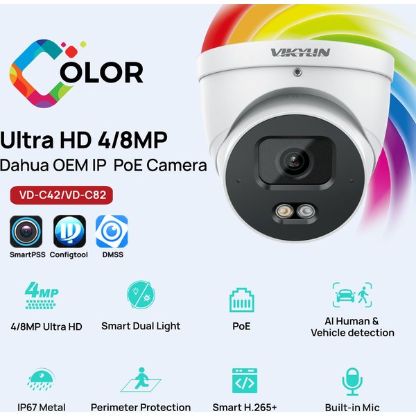 Caméra de sécurité IP intelligente VIKYLIN 4/8MP 4K HD à double éclairage, avec microphone intégré, détection intelligente de mouvement, prise en charge IVS Onvif, boîtier métallique IP67