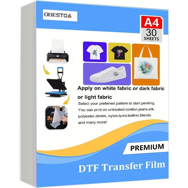 A4 30 Pcs DTF Transfer Film PET Heat Transfer Paper Matte Double-Side Clear Pretreat Sheets for DIY Direct on T-Shirts Bags