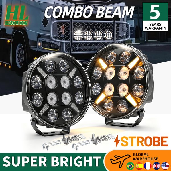 HAOLIDE 9-Zoll LKW LED-Arbeitsscheinwerfer DRL 3500K 6500K Stroboskop 12V 24V Offroad 4WD 4x4 LED Weiß DRL Gelb Blinker für Pickup Wohnmobil