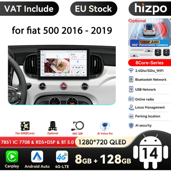 Hizpo 9 ''kabelloses Carplay Android Auto Auto Multimedia Player für Fiat 360 Carplay 4g Autoradio ° Kamera