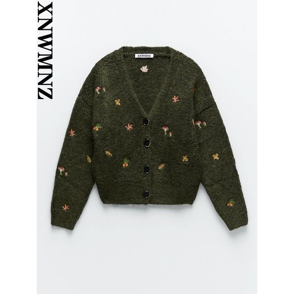 XNWMNZ women Vintage knit cardigan with embroidery Long sleeves V-neck ribbed trims Cardigan Female Elegant sweater Outerwear