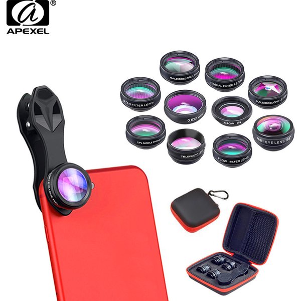 Kit d'objectifs pour appareil photo de téléphone APEXEL 10 en 1, objectif fisheye, grand angle, macro, télescope, filtre CPL, objectif Flow pour smartphones