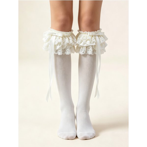 Chaussettes hautes en dentelle ivoire pour femmes avec nœud en ruban de satin, style Lolita, pour cosplay et usage quotidien