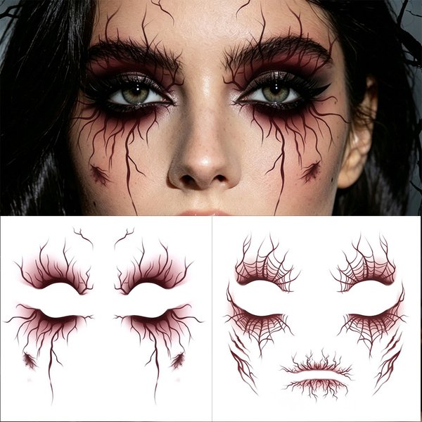 2 autocollants de tatouage temporaire effet veineux pour Halloween, maquillage corporel imperméable pour femmes et hommes, sourcils et visage