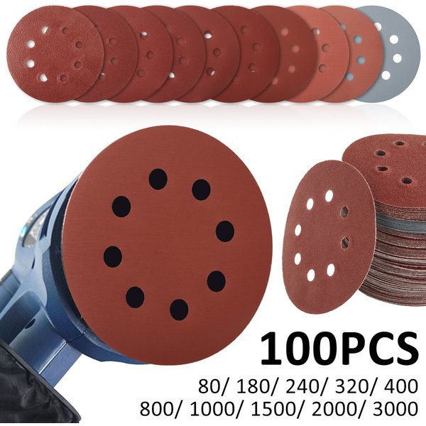 100Pcs 125mm Sanding Discs 8 Hole Hook Loop Sandpaper 80Grit-3000Grit Sanding Paper 5Inch Sanding Disc Abrasive Polishing Tools