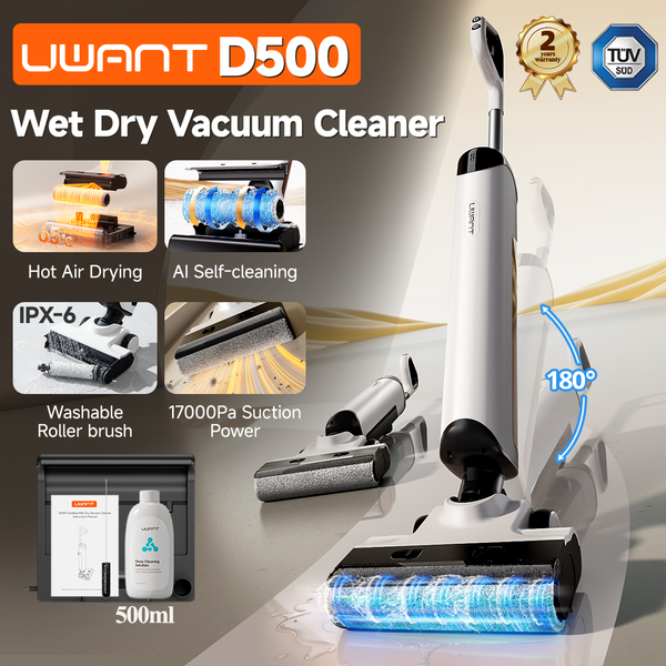 Odkurzacz do pracy na mokro i na sucho UWANT D500, siła ssania 17000Pa, 180 ° Bezprzewodowy mop Lay-Flat z funkcją samooczyszczania AI 65 ° C Suszenie Trójstronne Wykończenie Krawędzi